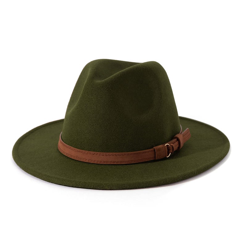 Lisianthus Men & Women Vintage Wide Brim Fedora Hat with Belt Buckle A-Olive 56-58cm - Image 1